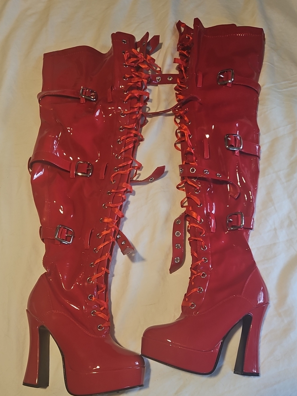 PLEASER Red Patent Lace-Up Platform Thigh-High Boots